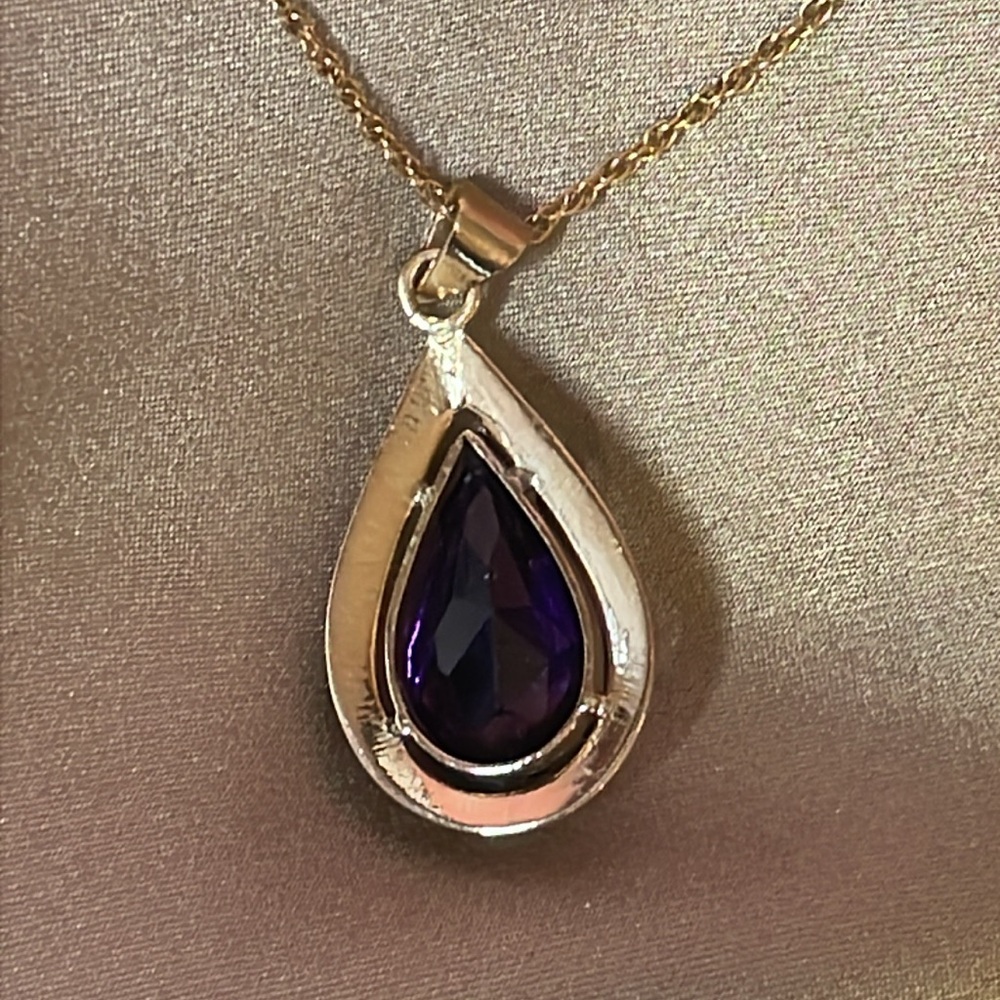 Solid 14k Pear Shaped Natural Cabochon Amethyst P… - image 3